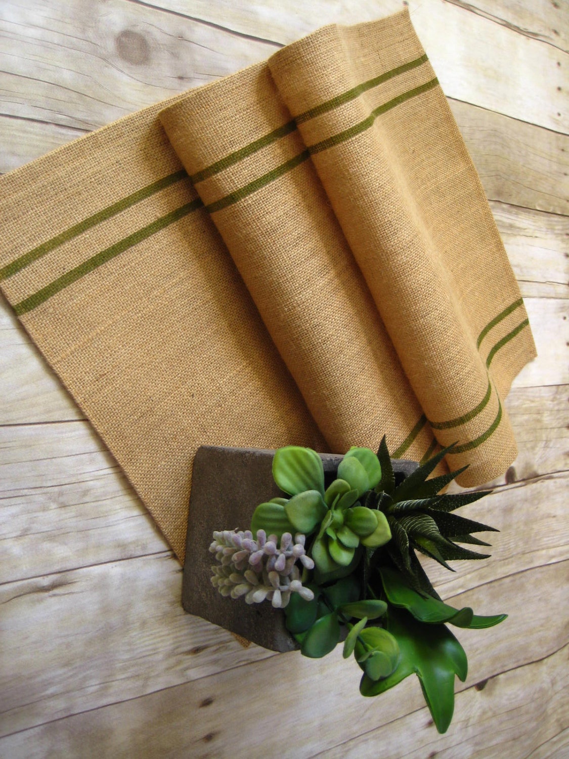 Burlap Table Runner with Olive Green Stripe /grainsack runner