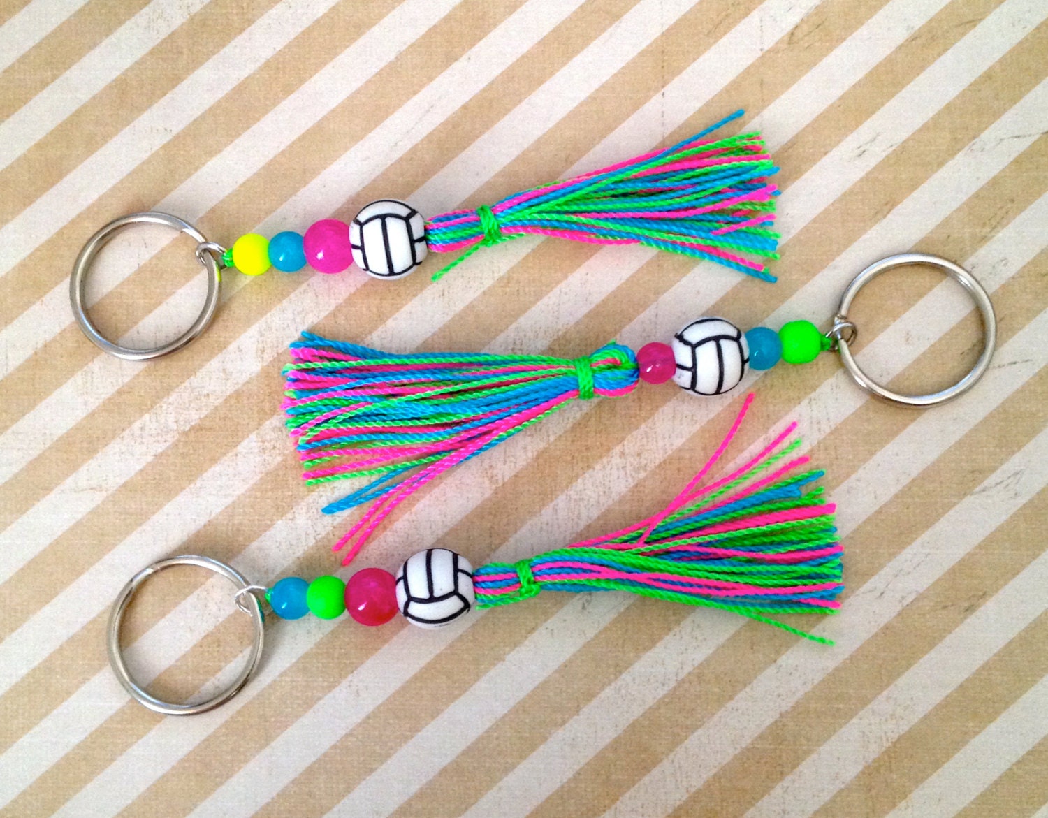 12 Volleyball Beaded Neon Tassel Keychain bag by PauPari on Etsy