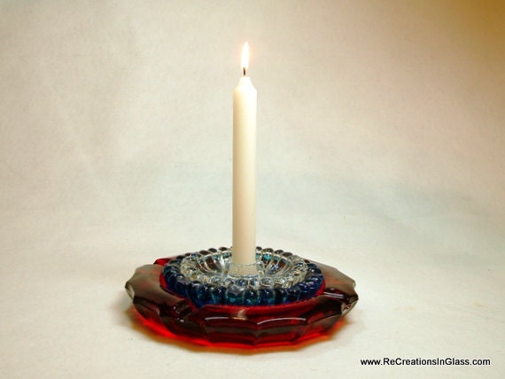 Patriotic Fourth of July candle holder.  Red, white, and blue candle holder centerpiece.  Ever blooming flower upon request.