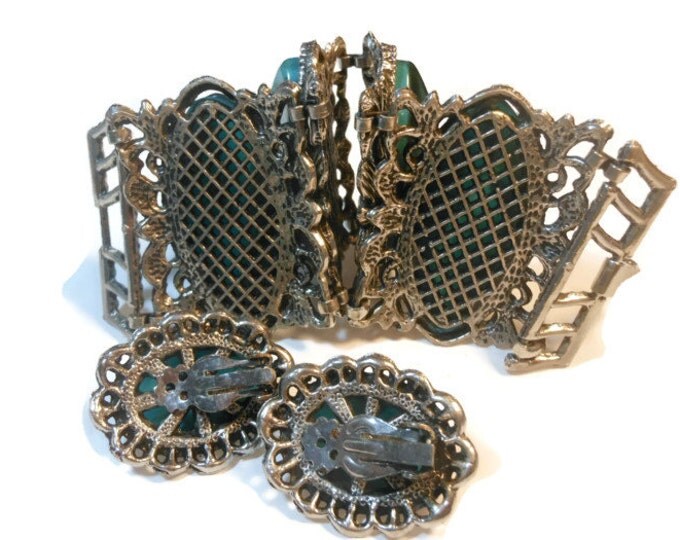 Large faux turquoise thermoset, four panel bracelet and clip earrings Southwest style
