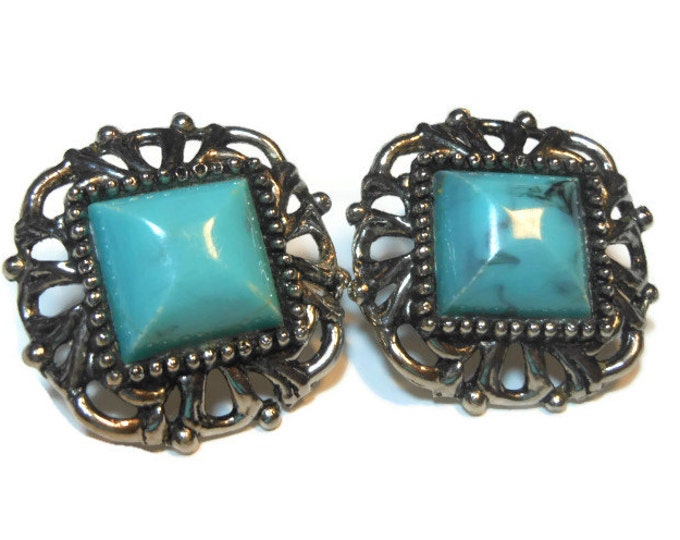 FREE SHIPPING Chunky marbled faux turquoise Thermoset Earrings Victorian Revival