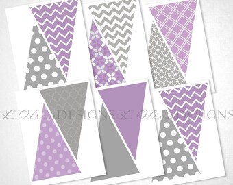 Purple and Gray Pennant Banner - DIY Printable - INSTANT DOWNLOAD