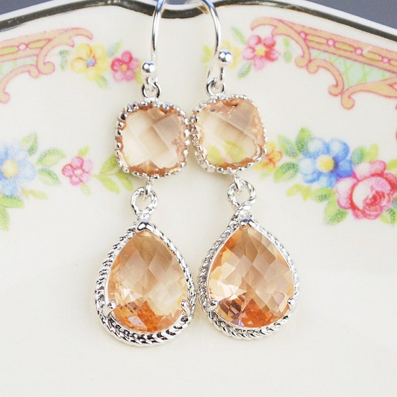 Blush Earrings Silver Peach Earrings Champagne Glass Drop