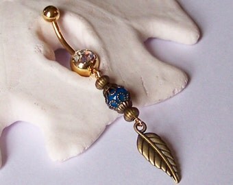 Gold Belly Button Ring - Belly Button Jewelry - Gold Belly Ring - Gold Leaf With Glass - Choose Your Color