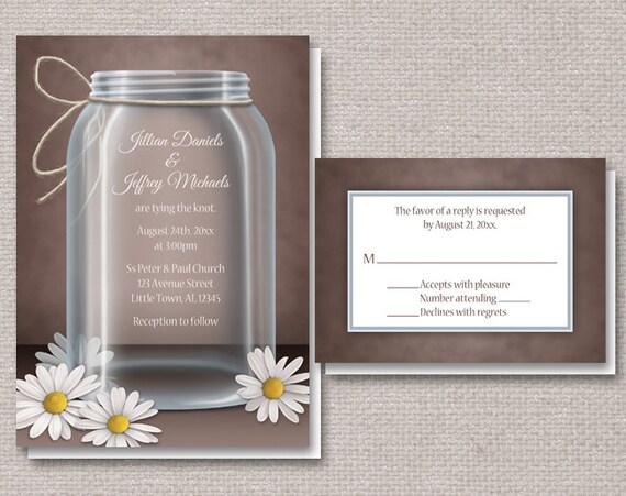 Vintage Mason Jar Wedding Invitations - Printed or Printable - Rustic Country Daisy Brown Il_570xn