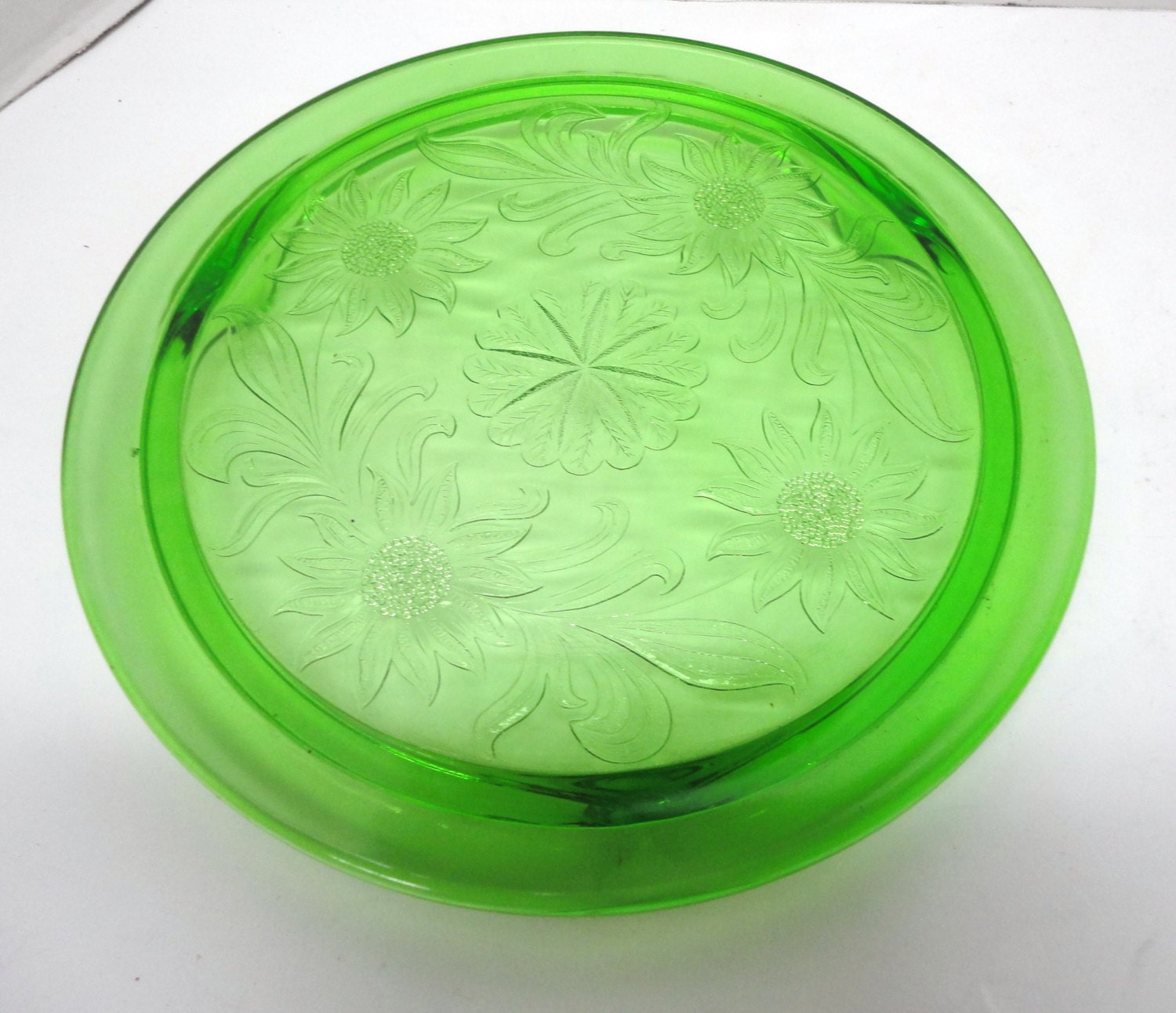Green Depression Footed Glass Cake Plate Sunflowers 10