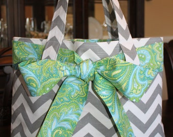 X-LARGE gray and white CHEVRON stripe zigzag Handbag/ Diaper Bag/ Purse/ Tote with Blue/Green Paisley Bow/Sash