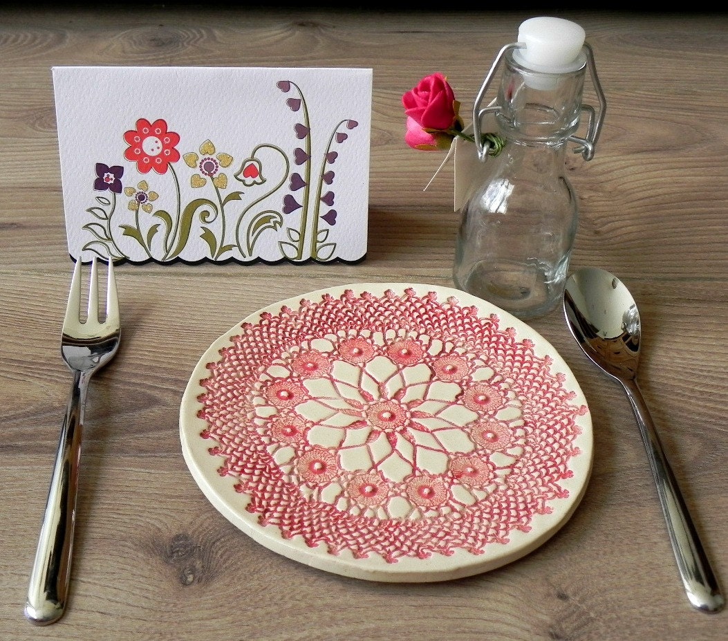 Rustic Ceramic Plate Red Lace Dessert Plate Unique Serving