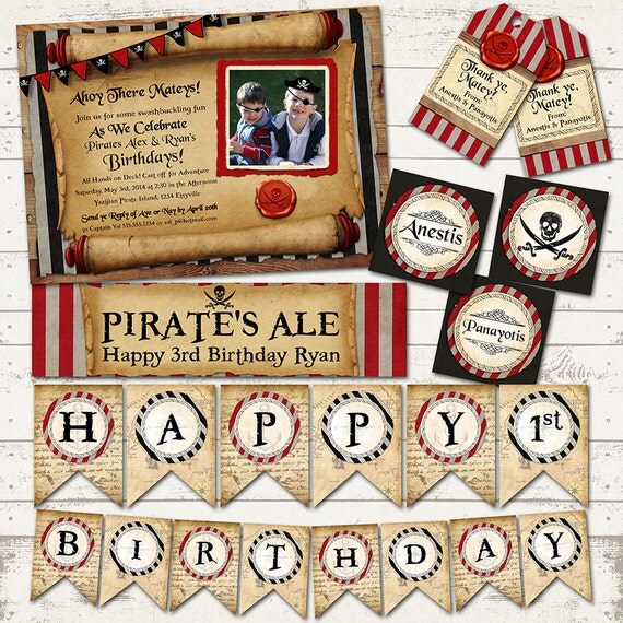 Pirate Birthday Party Pack - Ahoy There Mateys - Rustic, Vintage Design - Skulls and Swords - Customized to your Party needs - Premium Pack Il_570xn