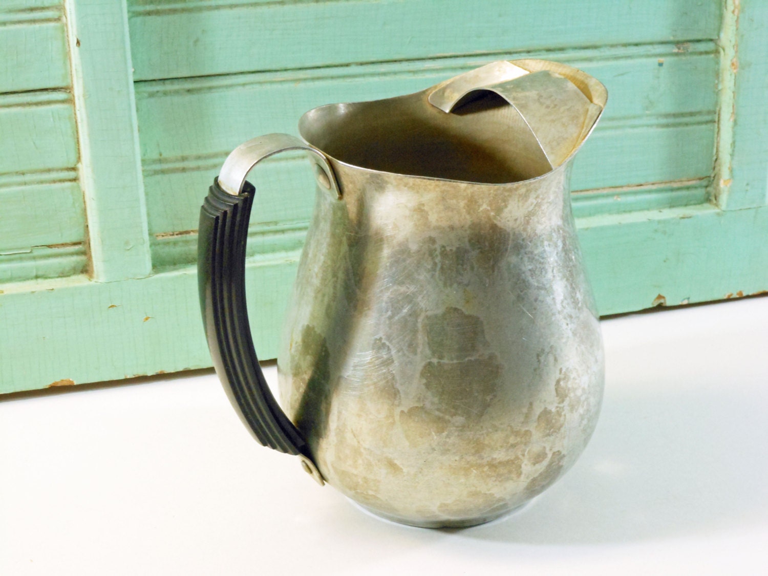 Vintage Aluminum Water Pitcher with Black Bakelite Handle