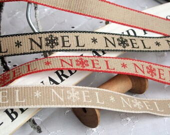 Noel Print Ribbon, Natural Ribbon, Christmas Ribbon, By the Metre, 15mm width, 3 Colours
