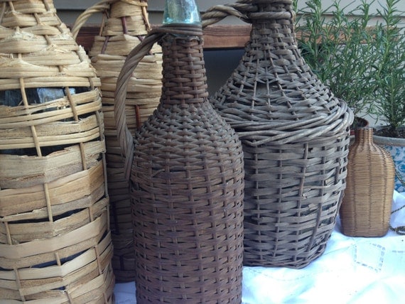 Antique French Demijohn Hand Wrapped Wicker Aqua Blue Glass Wine Bottle