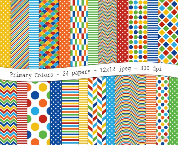 Primary colors digital scrapbooking paper pack 24 printable