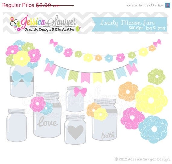 50% OFF - INSTANT DOWNLOAD, Mason jar clipart - vintage wedding - bunting banner - patterned- commercial use - flower - digital element Il_570xn
