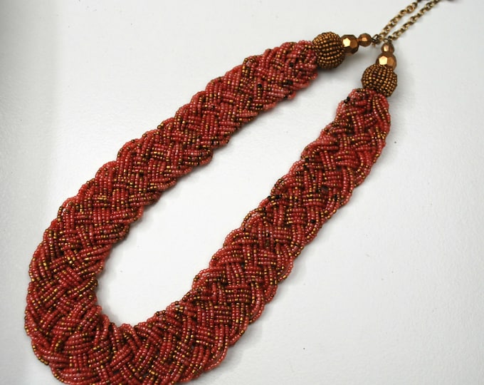 Torsade necklace - Pink and Gold Bead - Braided necklace - boho woven