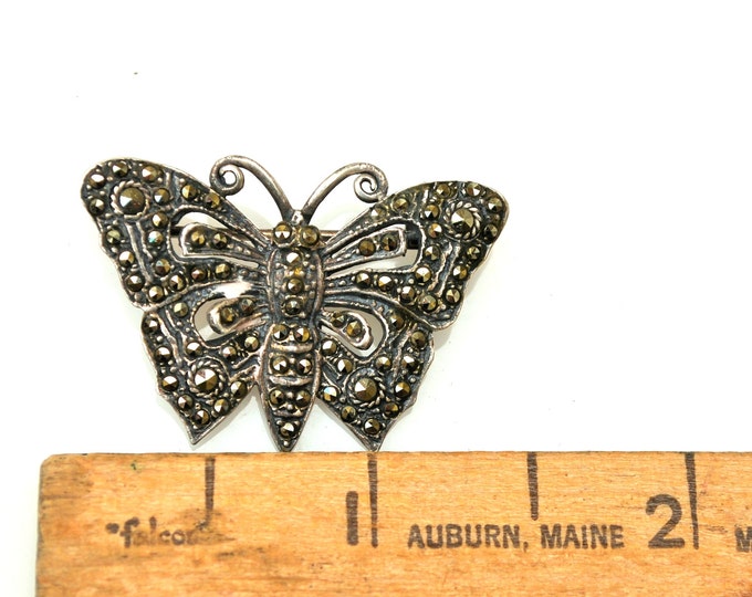 Sterling Marcasite Butterfly Brooch - Silver Insect Art Deco figurine Pin