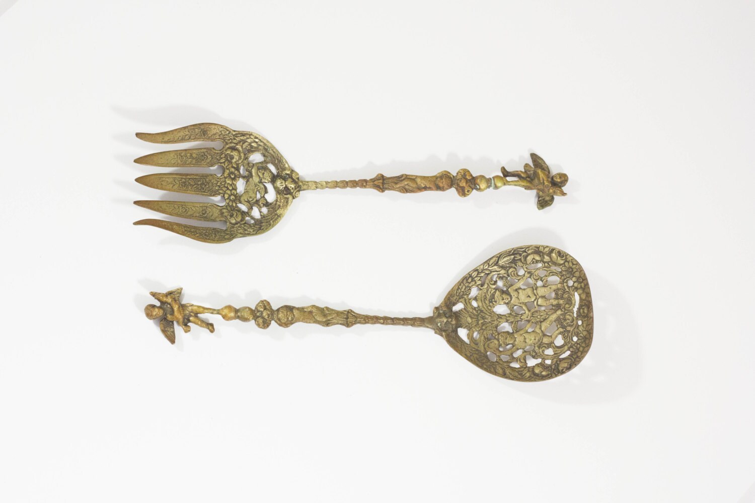 Vintage Brass Salad Serving Set Made in Italy, Fork and Spoon, Angels