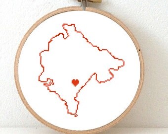 MONTENEGRO map modern cross stitch pattern. Montenegro with heart for Podgorica. Balkan map. Gift eastern europeanfriend. Balkans