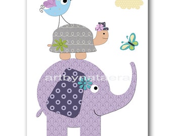 Elephant Nursery Turtle Nursery Kids Wall Art Baby Nursery Decor Baby Boy Nursery Kids Art Baby Room Decor Nursery Prints Birds Violet