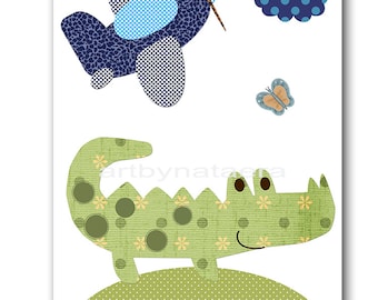 Crocodile Nursery Decor Kids Wall Art Baby Boy Nursery Print Baby Room Decor Kids Art Baby Nursery Art Boy Print 3 Green Navy Plane