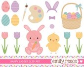 50% OFF - Easter Eggs Bunny Chick Painting Tulips Cute Clip Art - Commercial Use - Scrapbooking Invitations Cards - Instant Download Il_170x135