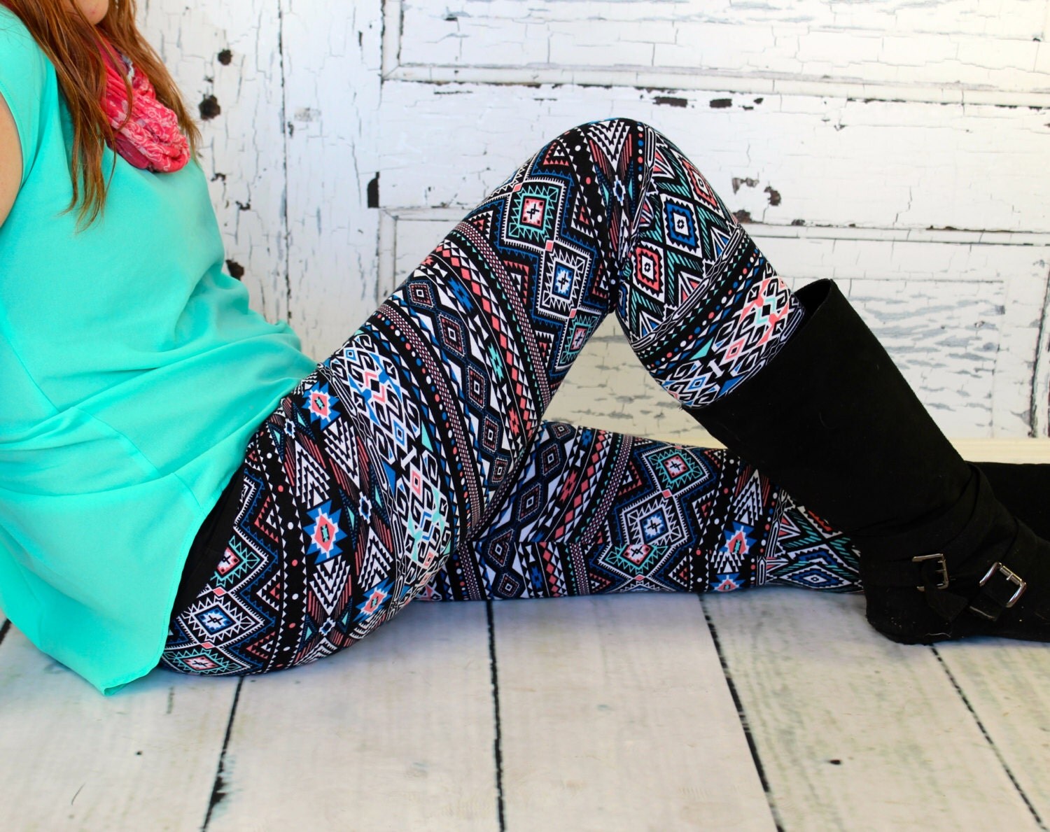 Royal Blue Coral and Mint Aztec Leggings in Teen to