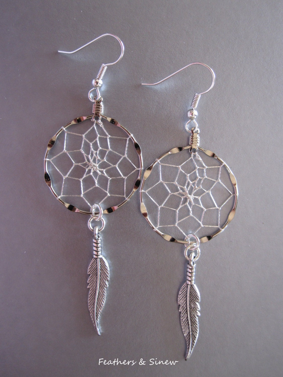 Dream Catcher Earrings Silver with Antiqued Silver Feathers