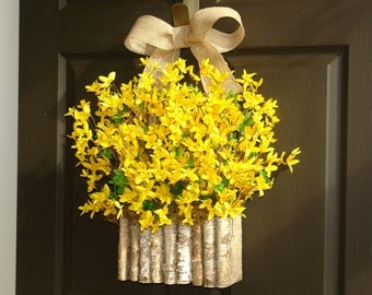 spring wreath Easter wreath forsythia wreath front door hanger decorations wall decor birch bark vase wreath