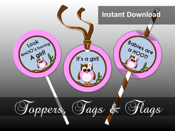 Pink Owl Cupcake Toppers, Girl Baby Shower, Look Whoo's Having a Girl, It's a Girl, Babies are a Hoot - Printable Party Decorations Il_570xn