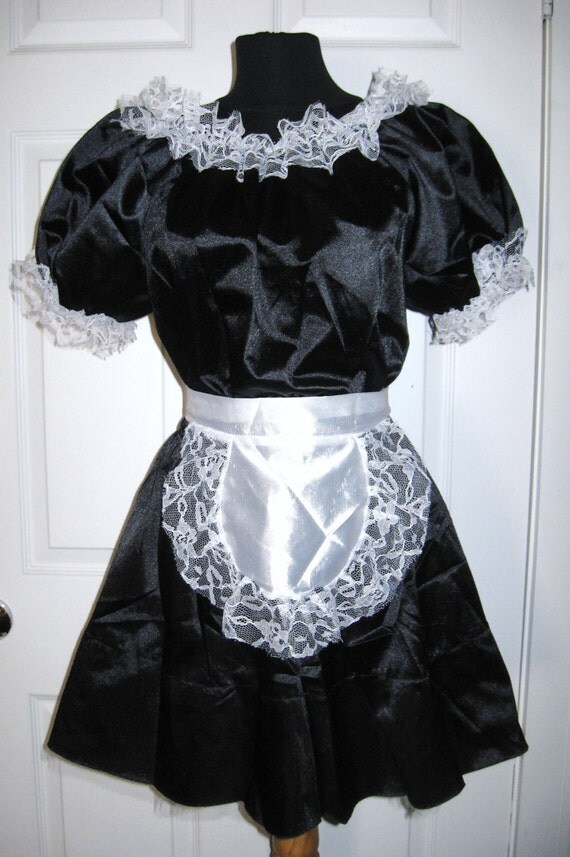 Vintage Black & White Satin Lace French Maid Uniform COSTUME