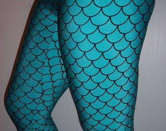 Blue Mermaid Leggings, Printed Leggings, Yoga Pants, Running Pants