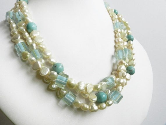 Pearl Choker Necklace, Pale Yellow Pearl Necklace, Turquoise Choker, Mother of the Bride