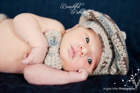 crochet newborn pattern tie bow PATTERN Tie Slouchy Crochet Hat Beanie Visor Boy Newsboy Cap Bow Baby