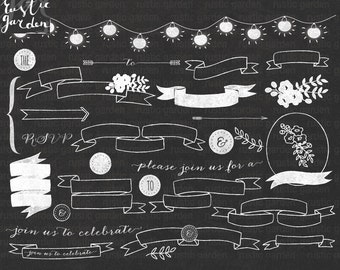 Chalkboard banner clipart. Chalk digital kit for Wedding cards, invitations. Fairy lights and flowers PNG for small commercial use