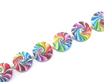 Swirl lentil beads with silver, Polymer Clay beads in rainbow colors, 6 colorful focal beads for Craft Supplies