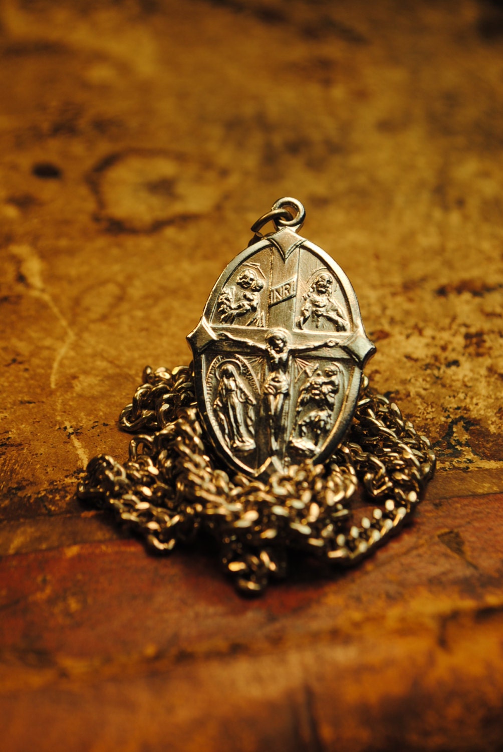 GOOD LUCK charm Religious medal charm 4 way cross lovely heavy chain