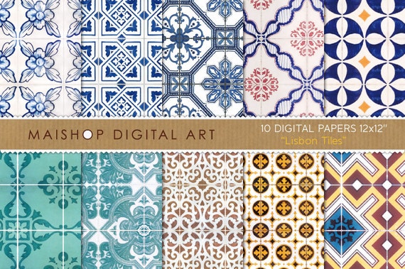 Digital Paper - Lisbon Tiles - Digital Sheets Portuguese Tiles Azulejos 12x12 inches