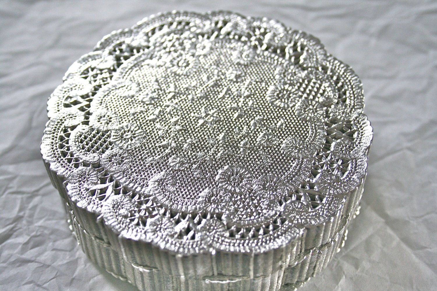Metallic SILVER 4 Doilies French Lace Vintage Style