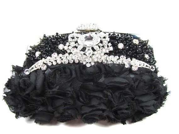 Shabby Chic Black Rosette Rhinestone Bridal Clutch, Wedding Purse