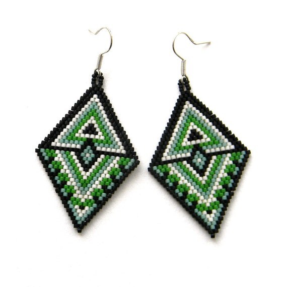Large diamond shape seed bead earrings beadwork by