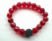 Red Beaded Bracelet- Red Beaded Bracelet with Black Wooden Bead- Stretch Bracelet- Red Bracelet- Accent Bracelet