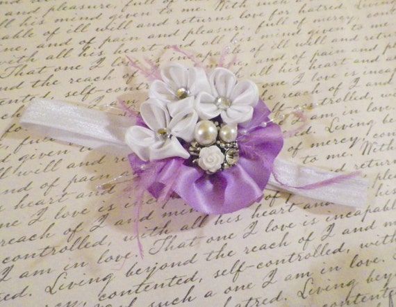 Lavender and White Ruffle, hydrangea Kanzashi flower Elastic Headband 