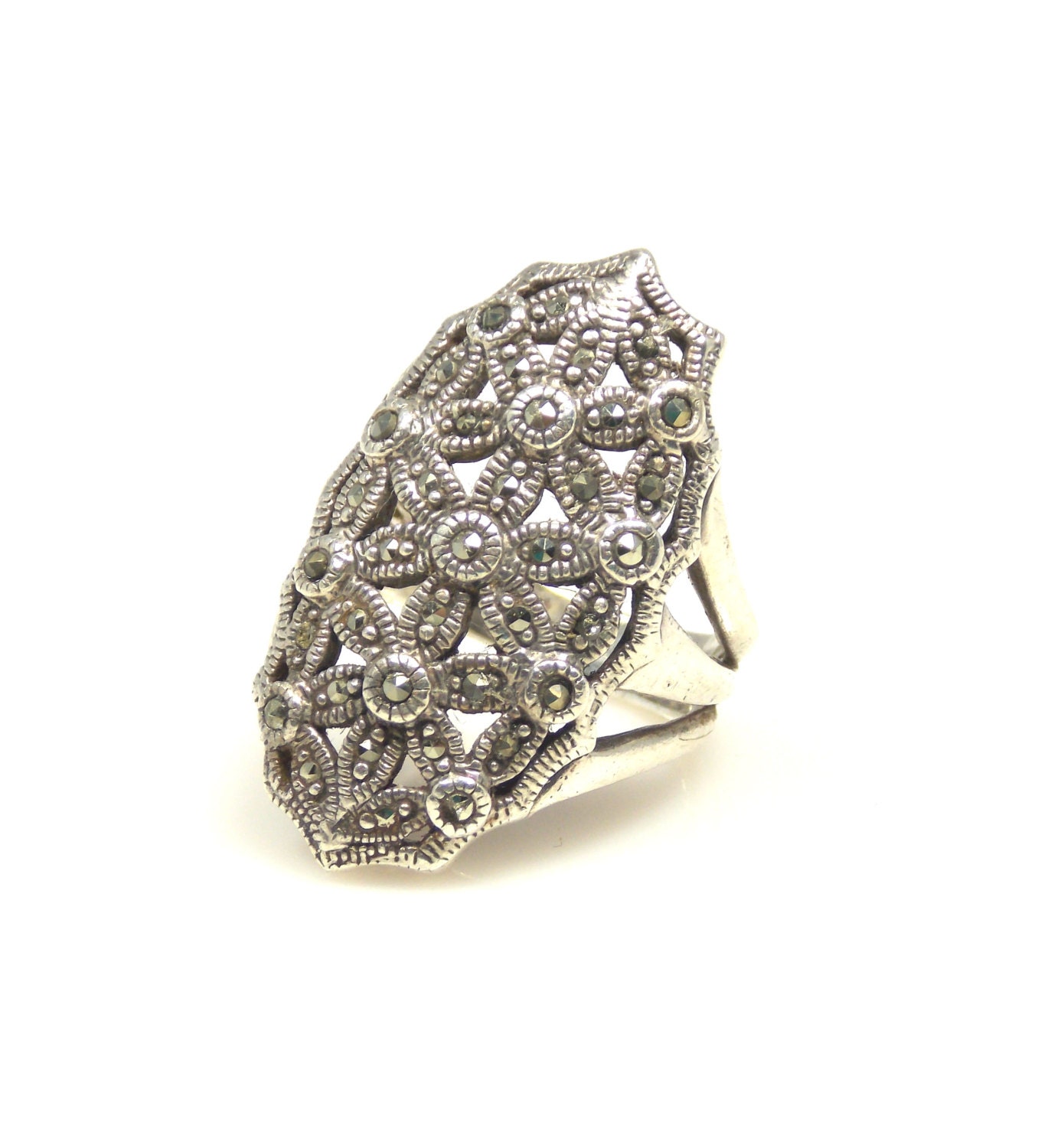 Vintage Sterling Silver Marcasite Ring 6 Floral Filigree Chunky