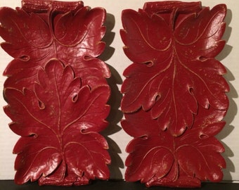 Syroco 1940 wall hanging/Dish Leaves Decor brick Red/distressed Gold Undertones