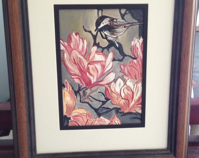 Chickadee on Magnolia Blossom - 5 x 7 acrylic painting displayed in 9 x 12 wood frame