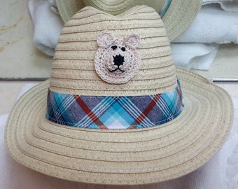 Boys Infant Toddler Tan Straw Fedora Hat Cap - Handmade Teddybear Face - Blue Plaid Stripe - Sizes 3-6, 6-12, and 12-18 months