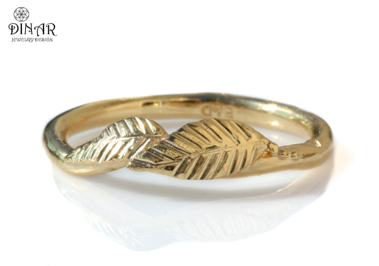 leaf wedding ring 14k yellow gold texture engraved leafs