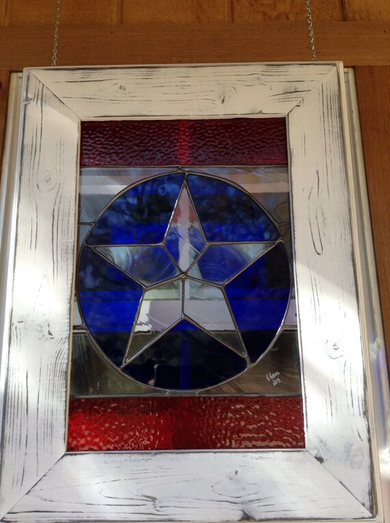 Texas Star Stained Glass in Distressed Wood Frame