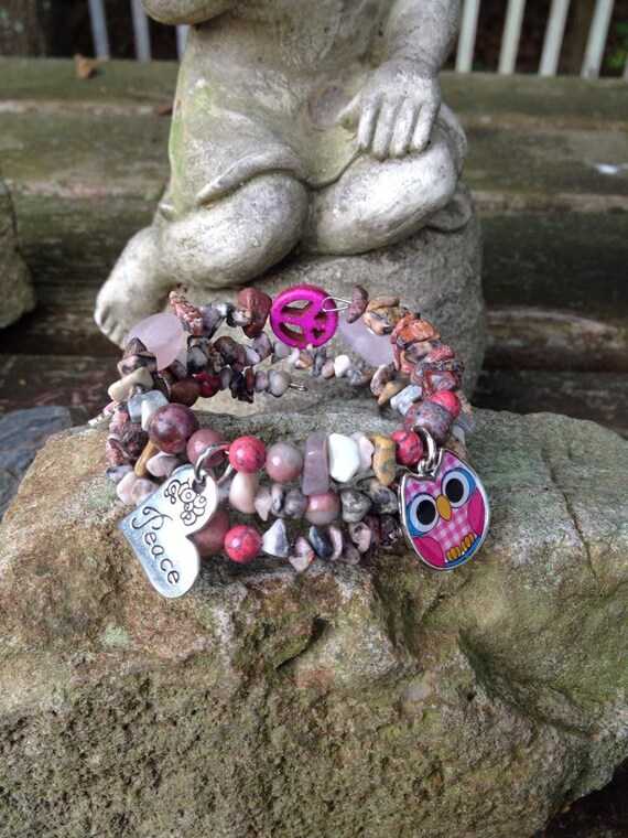 Live in Peace: three wrap memory wire beaded bracelet