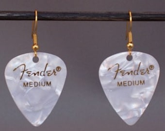 Fender White Pearl Guitar Pick Earrings with Gold Hooks